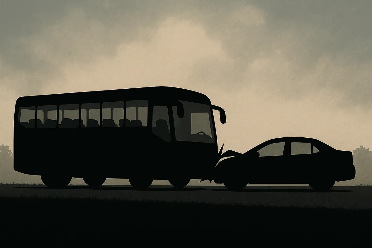 Siluetas de un autobús y un automóvil en primer plano sobre un fondo urbano ficticio