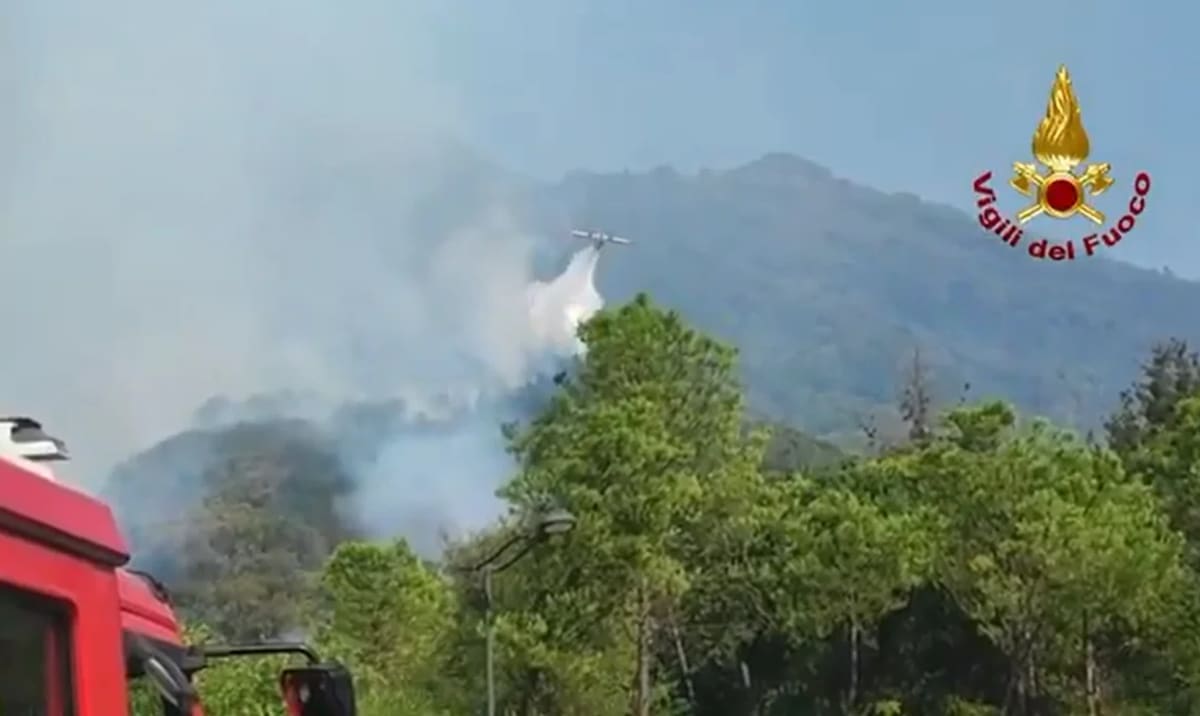 Avión Canadair descarga agua sobre incendio forestal en el Vesubio