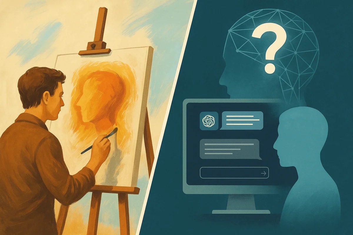 Ilustración dividida en diagonal mostrando a un artista pintando y una interfaz de IA generativa
