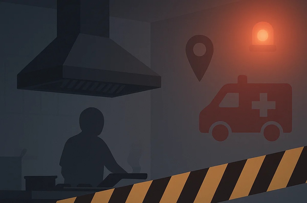 Ilustración minimalista que representa un accidente laboral en una cocina, con la silueta de un trabajador junto a una campana extractora