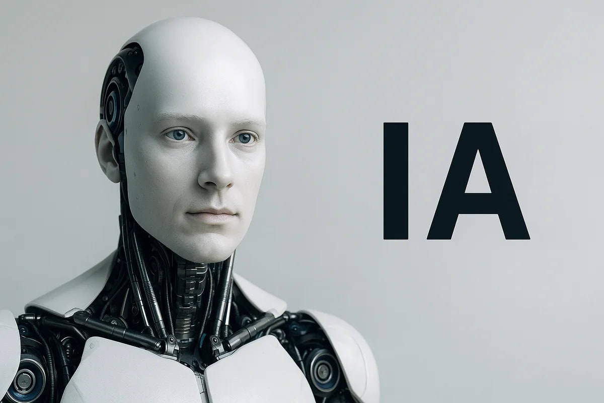 Robot humanoide realista con las letras IA en un entorno tecnológico futurista