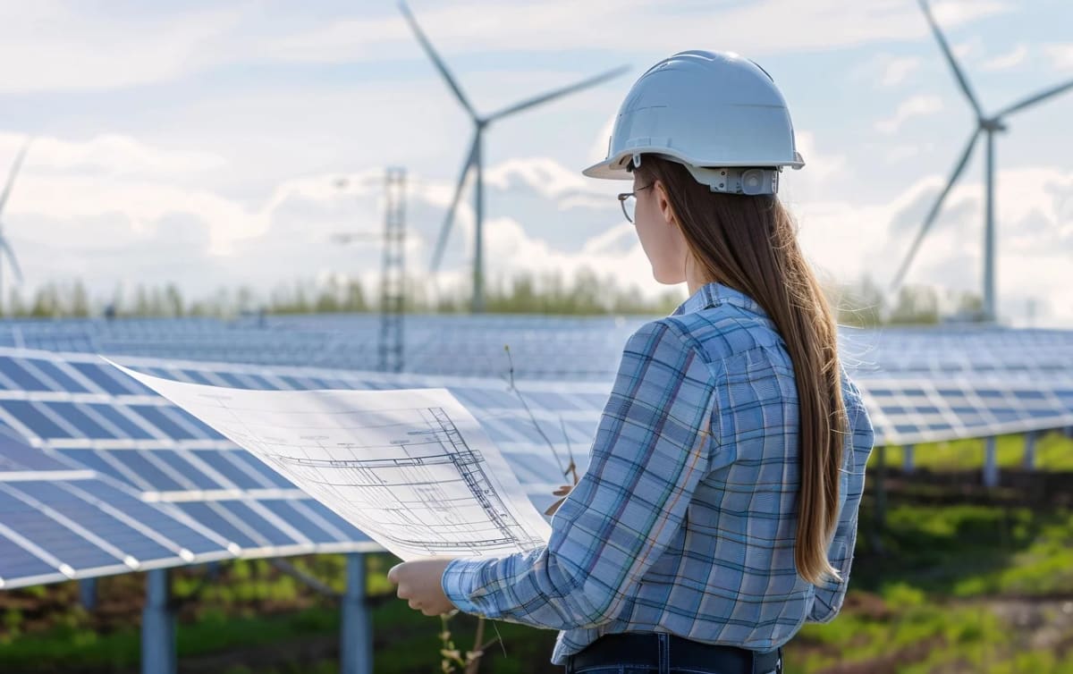 Ingeniera revisando planos en un parque solar