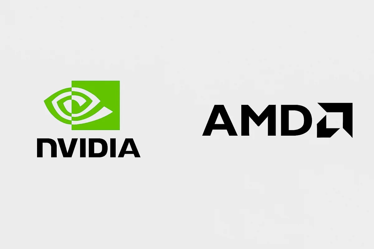 Composición gráfica con los logotipos de Nvidia y AMD sobre fondo claro