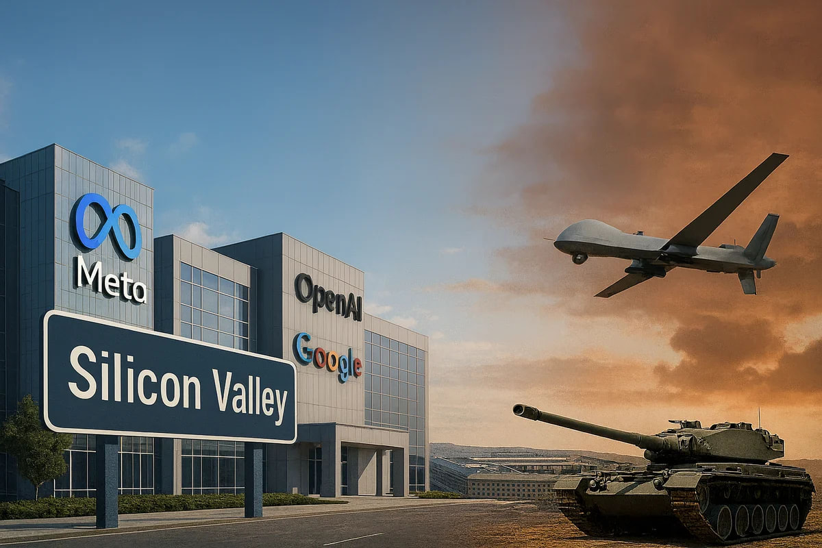 Composición digital que muestra la conexión entre Silicon Valley y la industria de defensa