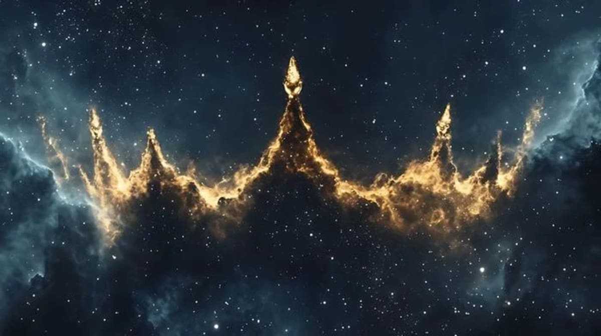 Ilustración de una molécula S8 con forma de corona, compuesta por átomos de azufre en el espacio