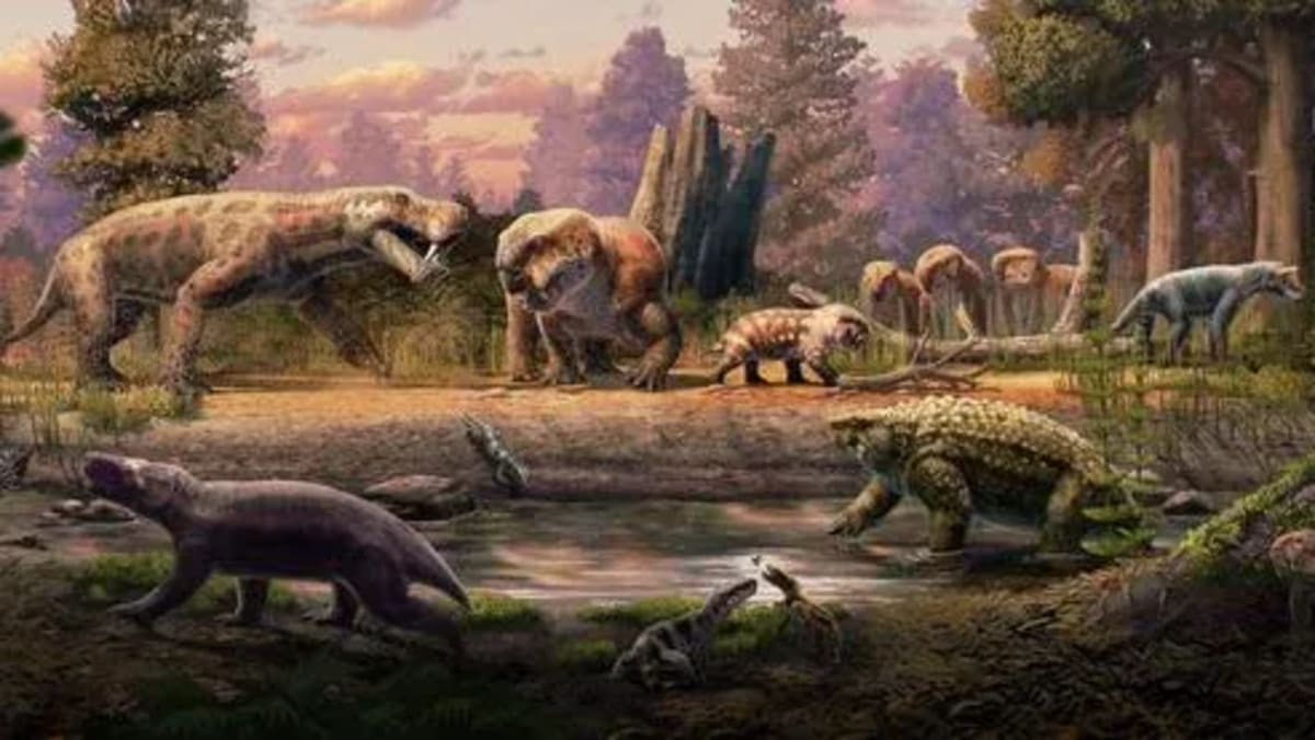 Ilustración de la cuenca de Luangwa en el Pérmico tardío, con gorgonopsianos dientes de sable y dicinodontes