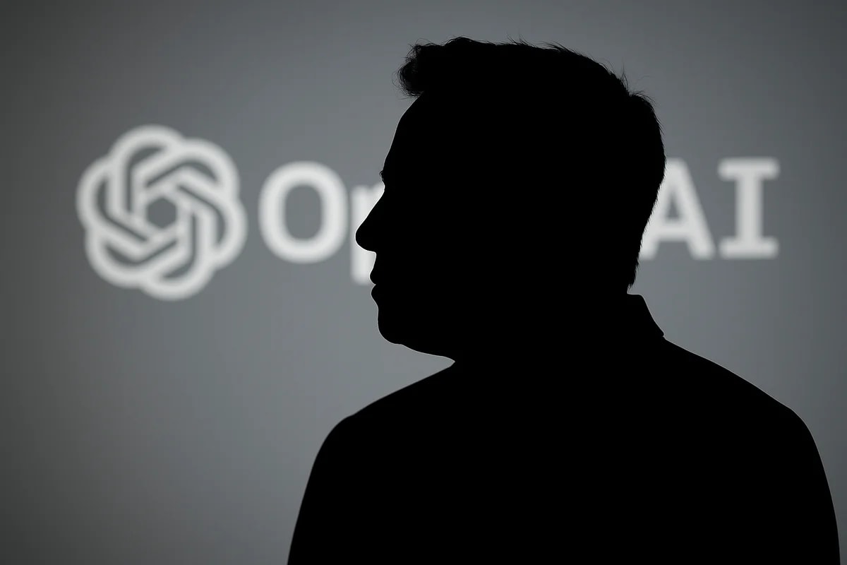 Silueta negra de un hombre con el logo de OpenAI desenfocado sobre un fondo gris oscuro
