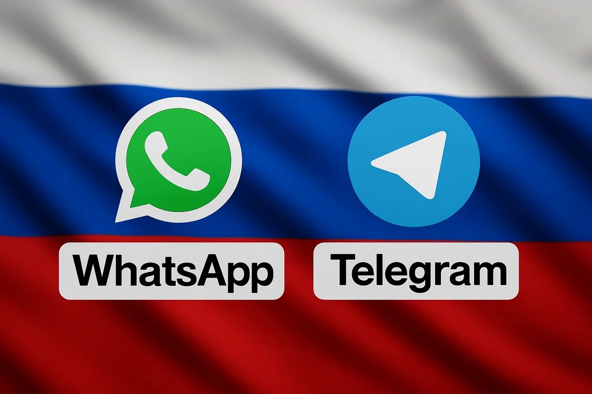 Banderas de Rusia con logotipos y nombres de WhatsApp y Telegram