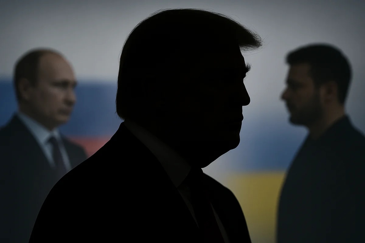 Silueta de Donald Trump en primer plano, con las siluetas difuminadas de Vladimir Putin y Volodimir Zelenski al fondo