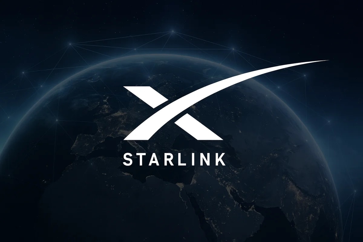 Logotipo de Starlink sobre la Tierra nocturna con red de satélites