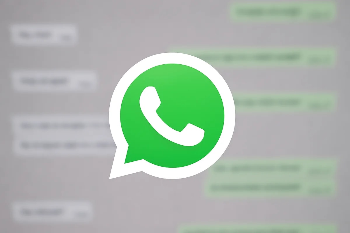 Logotipo de WhatsApp con un fondo de chat desenfocado