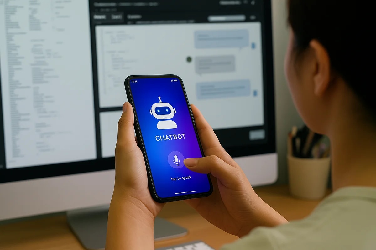 Persona usando un smartphone con una app de chatbot de inteligencia artificial
