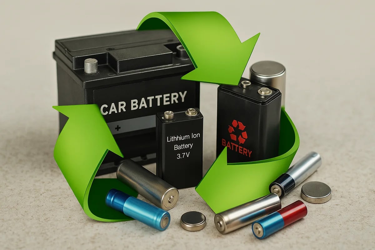 Colección de baterías usadas con flechas verdes representando el reciclaje