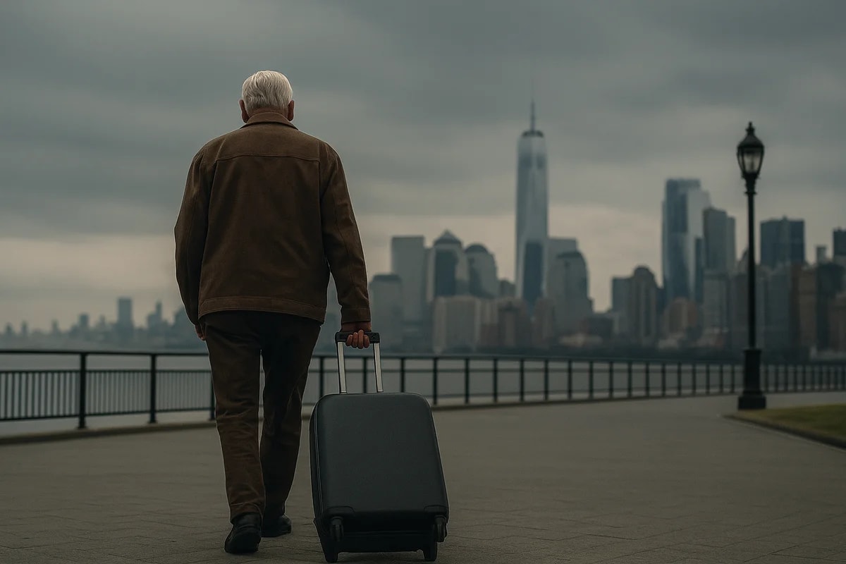 Hombre mayor caminando con una maleta hacia el horizonte de Nueva York