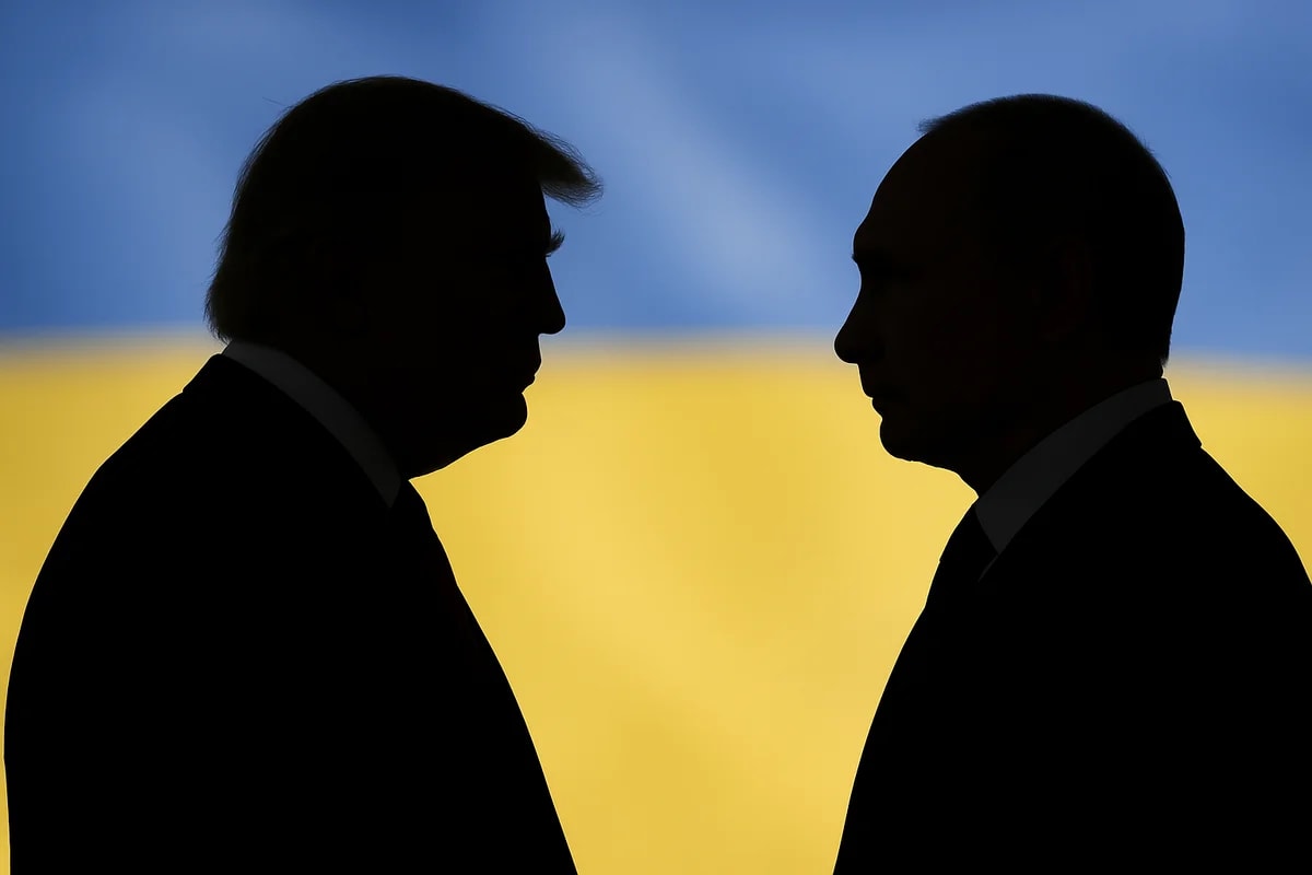 Siluetas de Donald Trump y Vladímir Putin frente a una bandera de Ucrania desenfocada en segundo plano