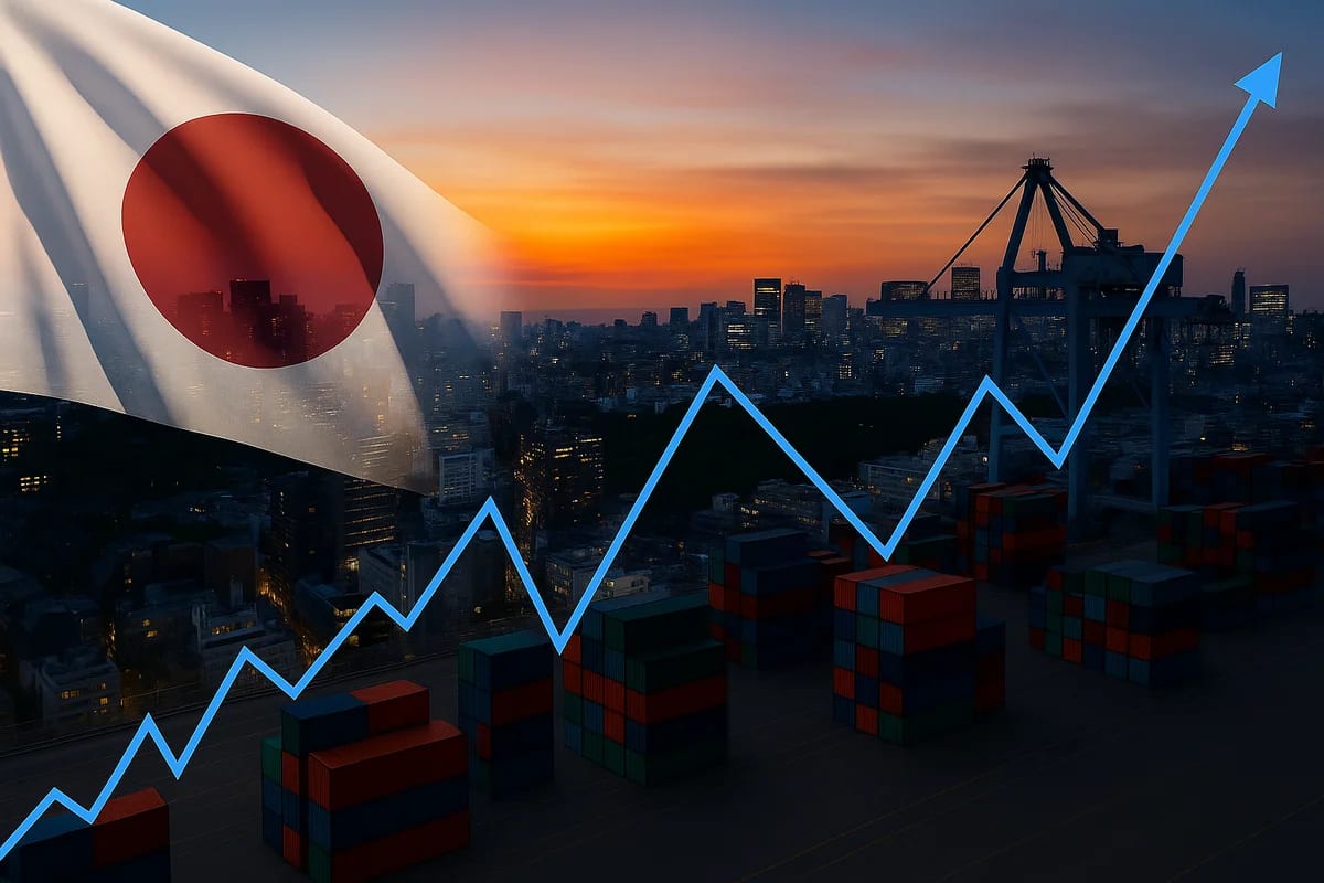 Composición digital que muestra el crecimiento económico de Japón con bandera nacional, rascacielos iluminados y gráfico ascendente en azul