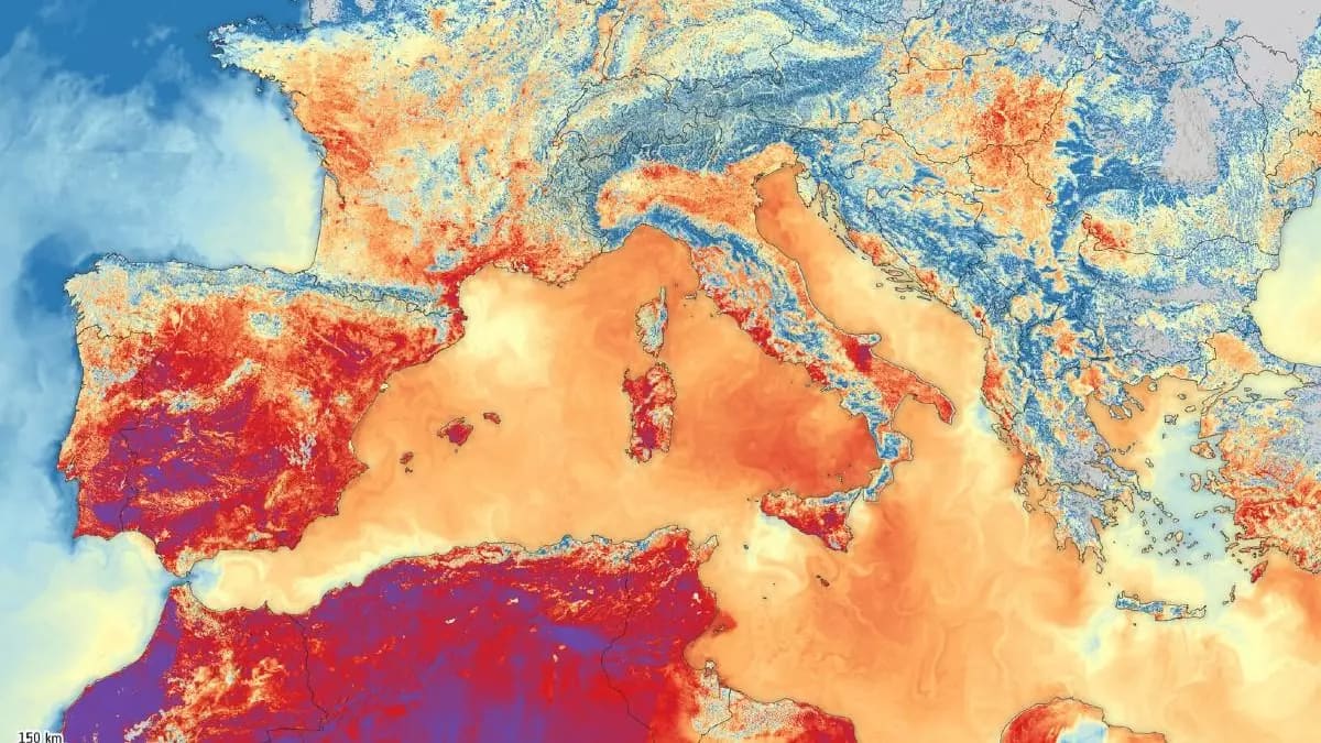 Vista satelital de Europa con altas temperaturas registradas durante una ola de calor