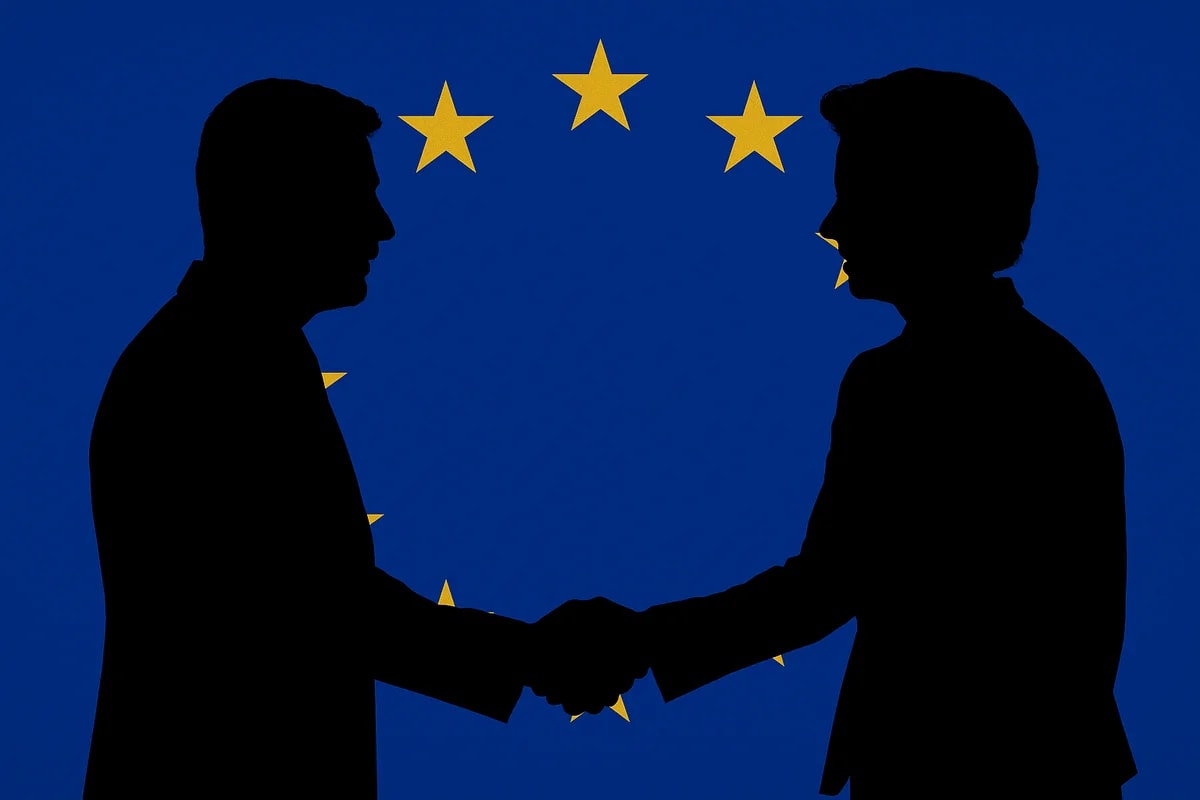 Siluetas de Volodímir Zelenski y Ursula von der Leyen dándose la mano con la bandera de la Unión Europea de fondo