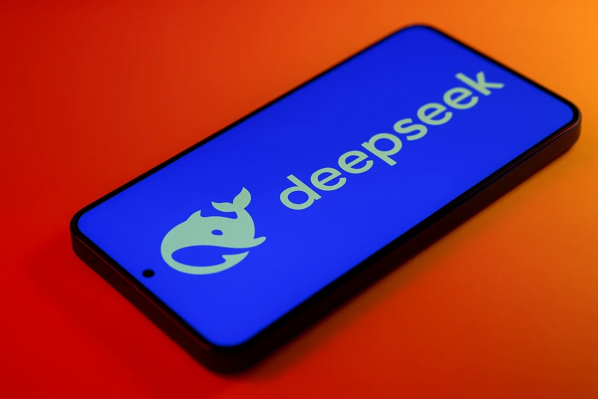 Teléfono inteligente con el logotipo de Deepseek sobre una superficie con degradado de rojo a naranja
