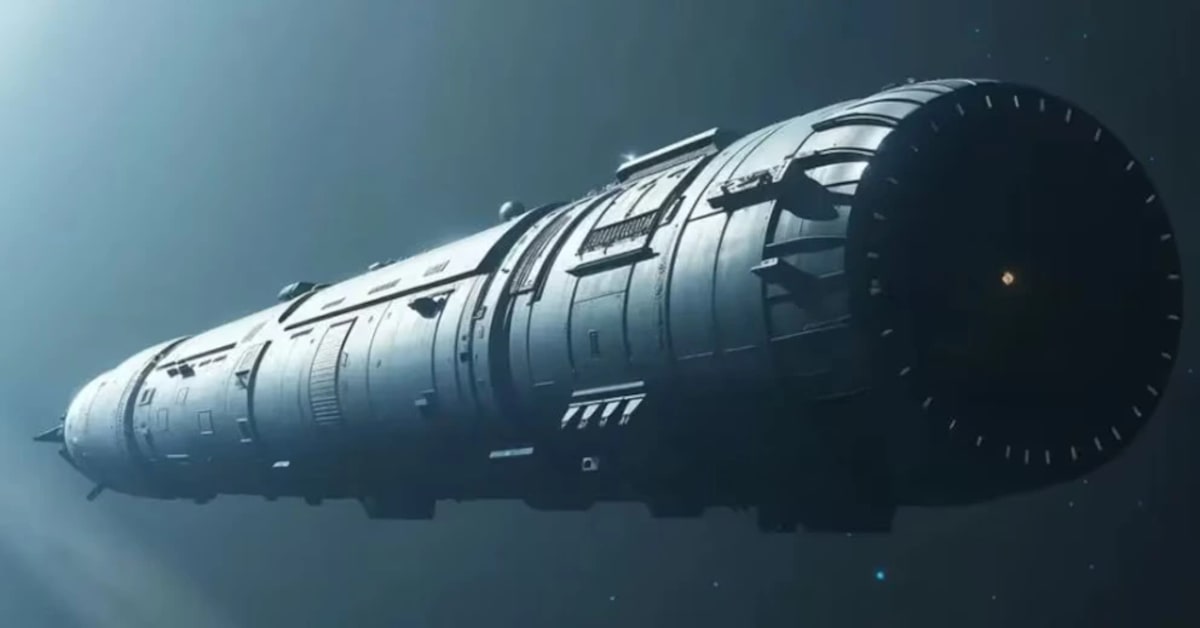 Ilustración de la nave generacional Chrysalis en ruta hacia Próxima Centauri b con módulos habitables para miles de pasajeros