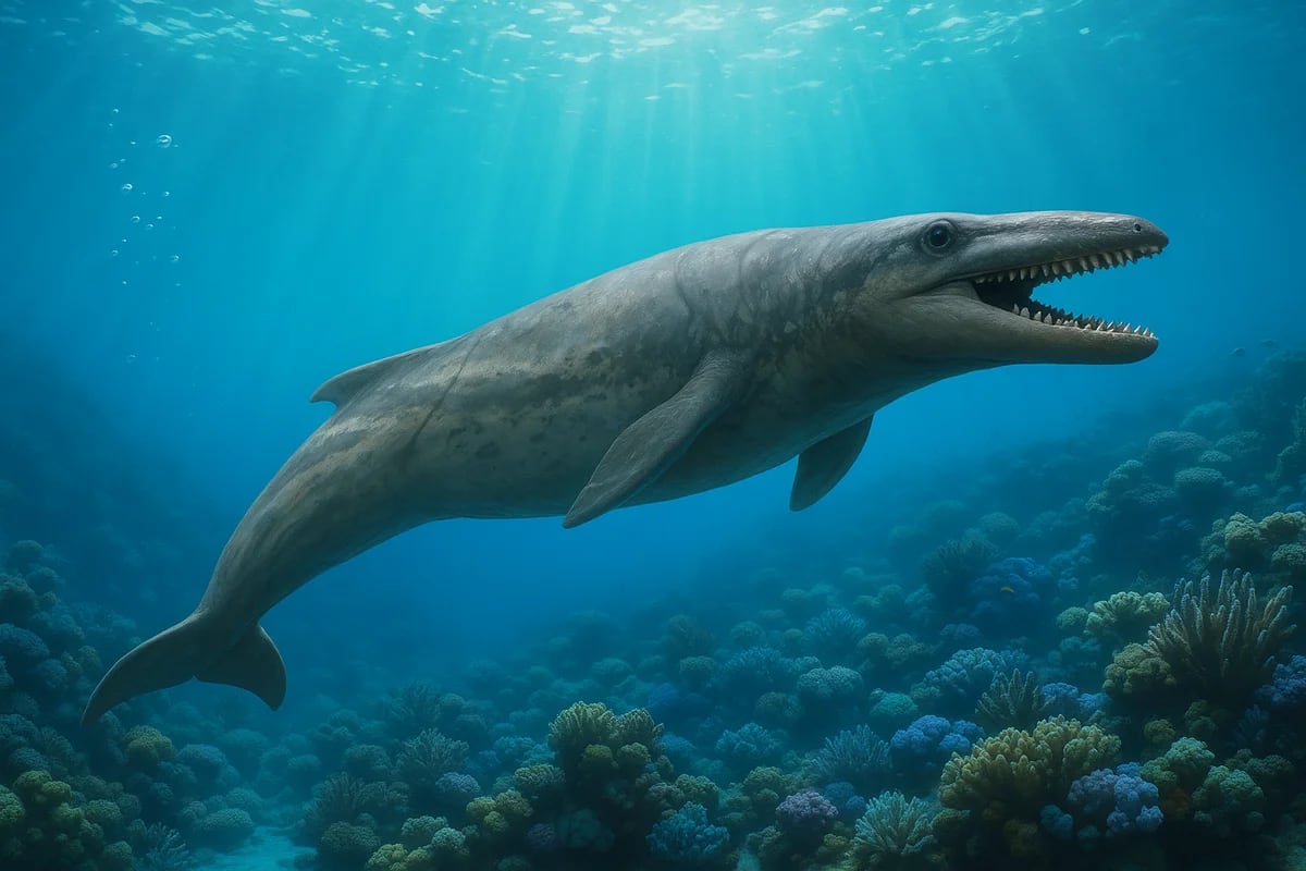 Recreación digital de Janjucetus dullardi, un cetáceo del Oligoceno con dentadura afilada nadando en el mar