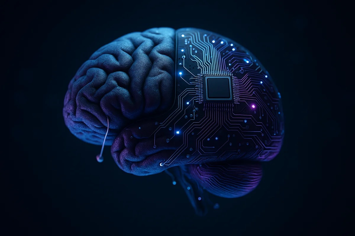 Ilustración de un cerebro humano fusionado con circuitos y un chip, representando la conexión entre neurociencia e inteligencia artificia