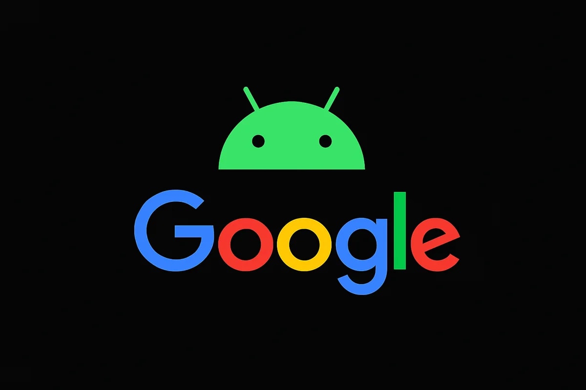 Logotipo de Google acompañado del ícono verde de Android sobre fondo negro