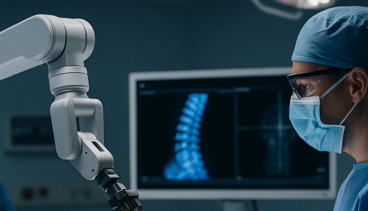 Ilustración de una cirugía pediátrica con apoyo de un sistema robótico en un quirófano moderno