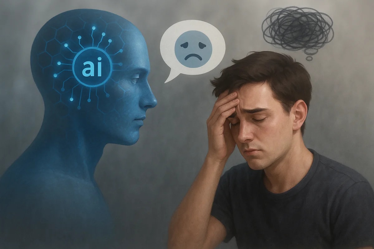 Representación realista de una inteligencia artificial observando a un joven con signos de ansiedad y crisis emocional