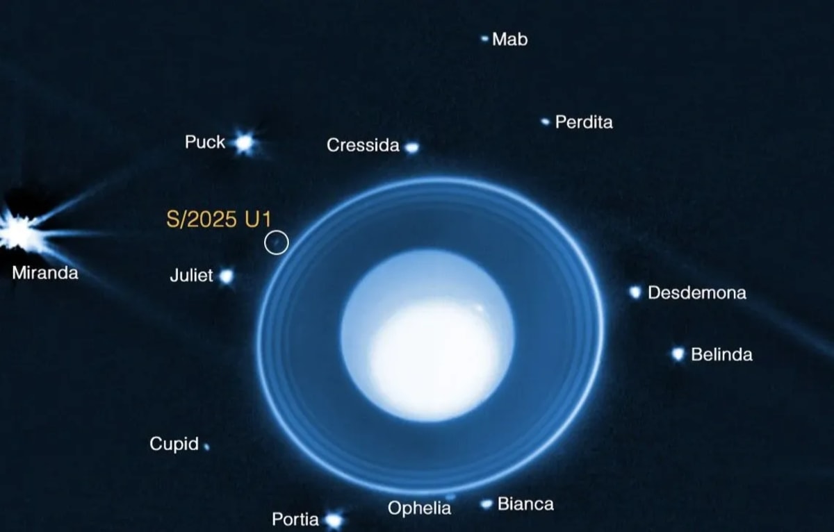 Imagen del telescopio espacial James Webb que muestra a Urano, sus anillos y la nueva luna S/2025 U1 descubierta junto a otras trece lunas conocidas