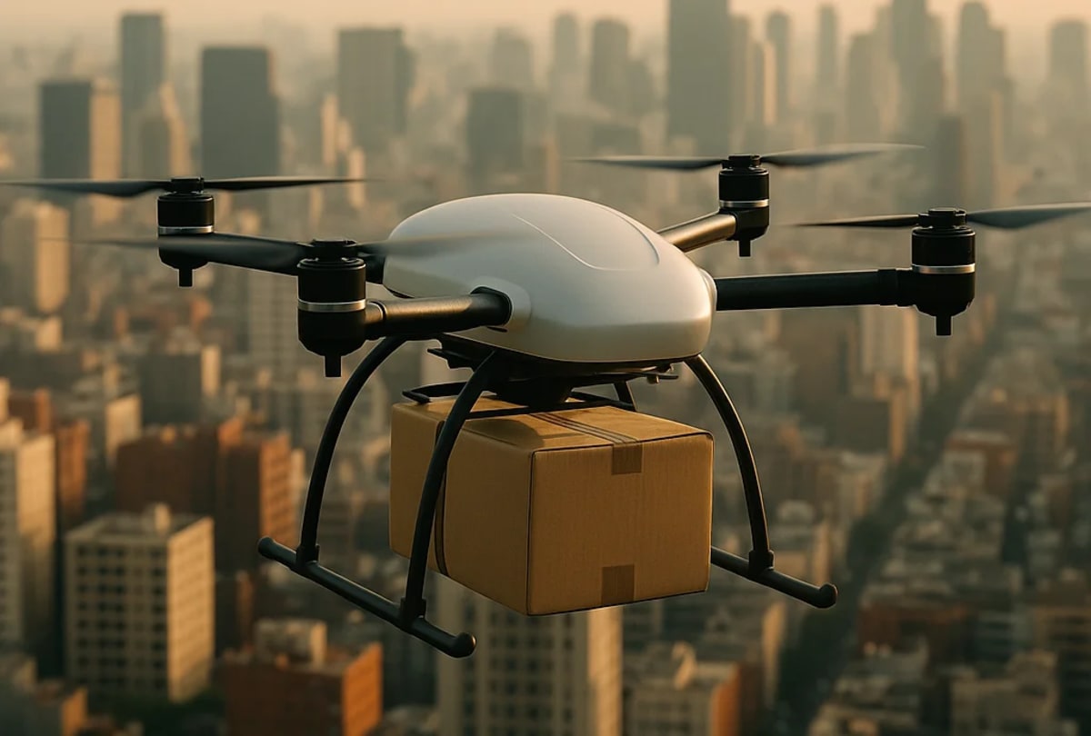 Dron de carga volando sobre una ciudad moderna al atardecer