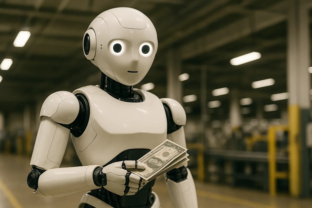 Robot humanoide sosteniendo billetes de dólar en una fábrica