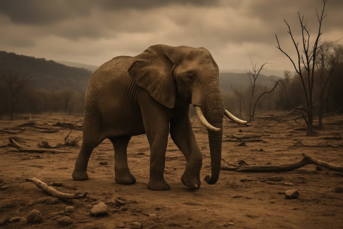 Elefante solitario caminando en un paisaje árido con árboles secos, símbolo de la pérdida de biodiversidad y la sexta extinción