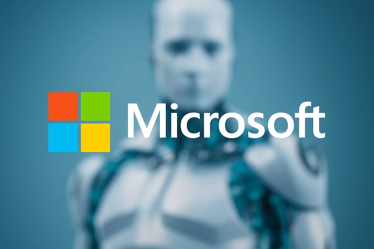 Logo de Microsoft con un robot de inteligencia artificial difuminado en segundo plano