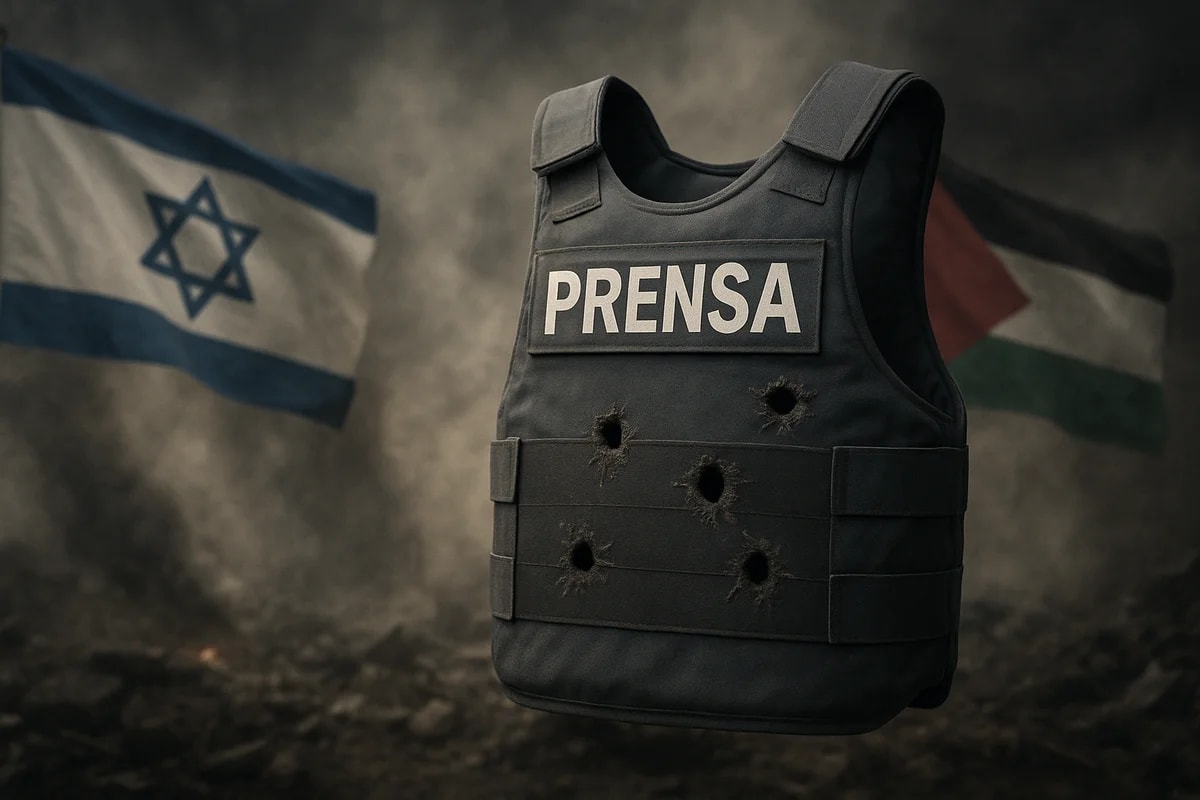 Chaleco antibalas con la palabra "PRENSA" y marcas de impactos de bala en un entorno de guerra, con las banderas de Israel y Palestina al fondo