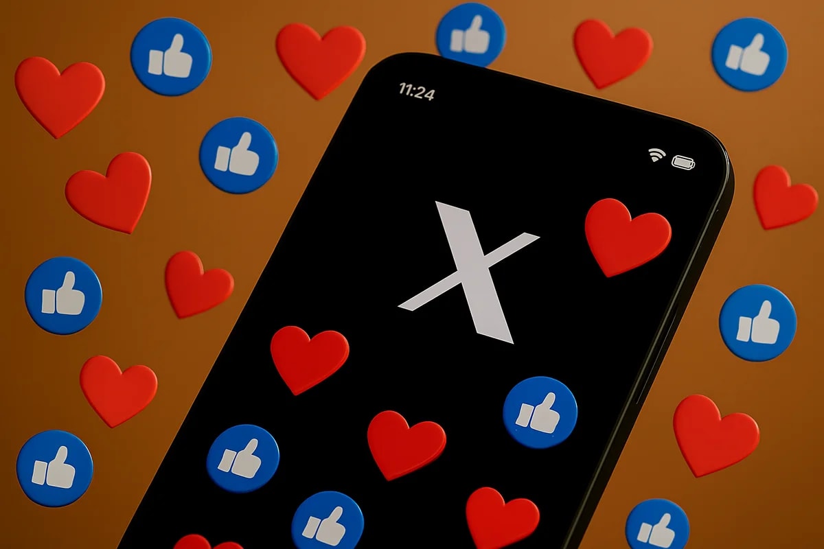Teléfono inteligente con pantalla negra mostrando el logo X, rodeado de corazones rojos y likes azules flotando de forma dispersa