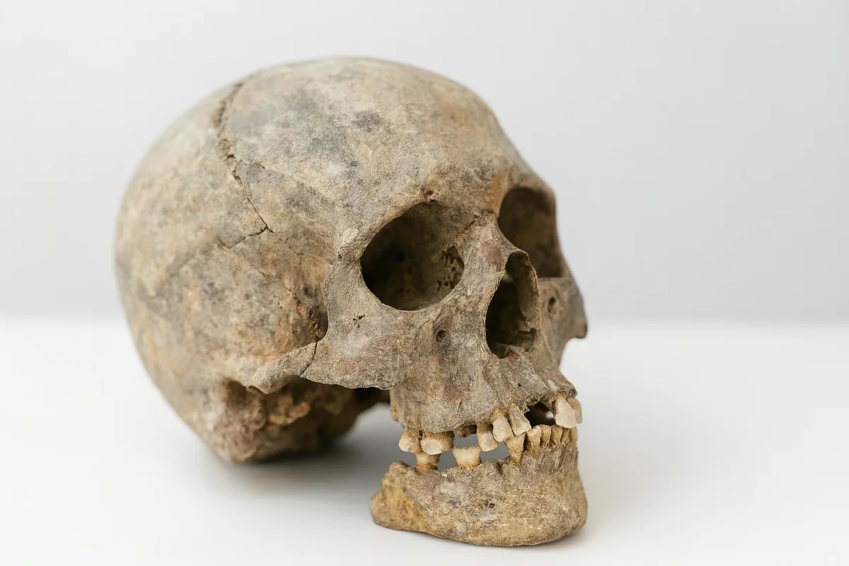 Imagen ilustrativa de un cráneo humano antiguo sobre una superficie blanca