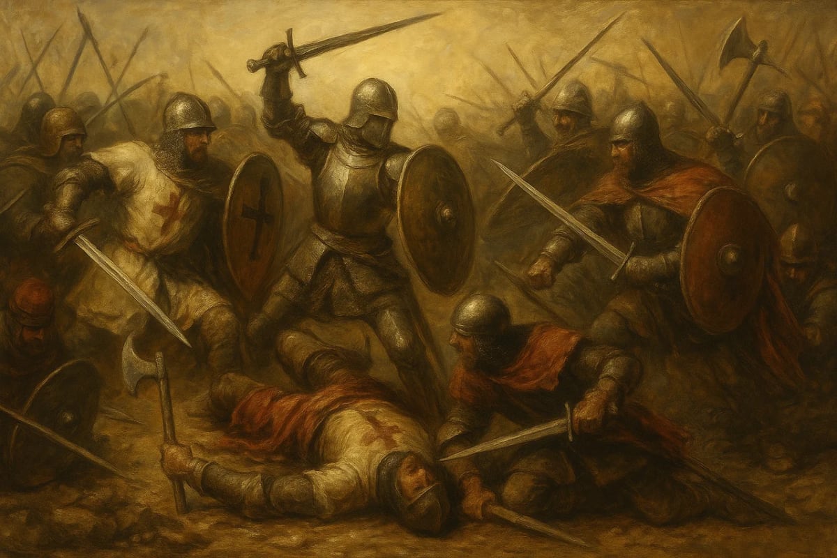 Ilustración estilo pintura antigua de caballeros medievales combatiendo con espadas y escudos en una batalla