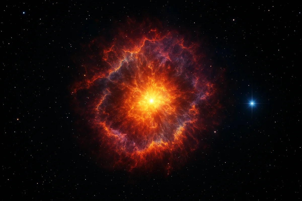Explosión de una supernova iluminando el espacio con nubes de gas y polvo en tonos rojos y naranjas
