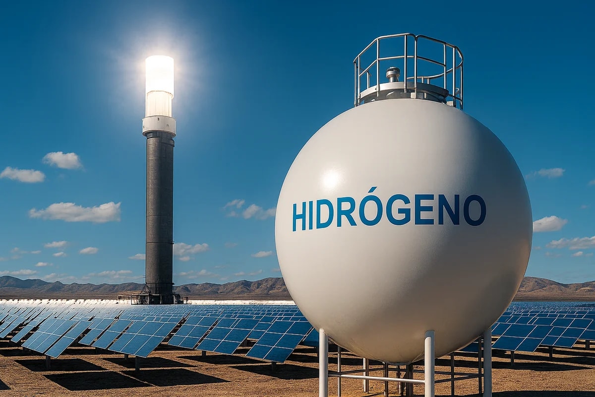 Planta solar con torre de concentración y un gran tanque esférico con la palabra "Hidrógeno"