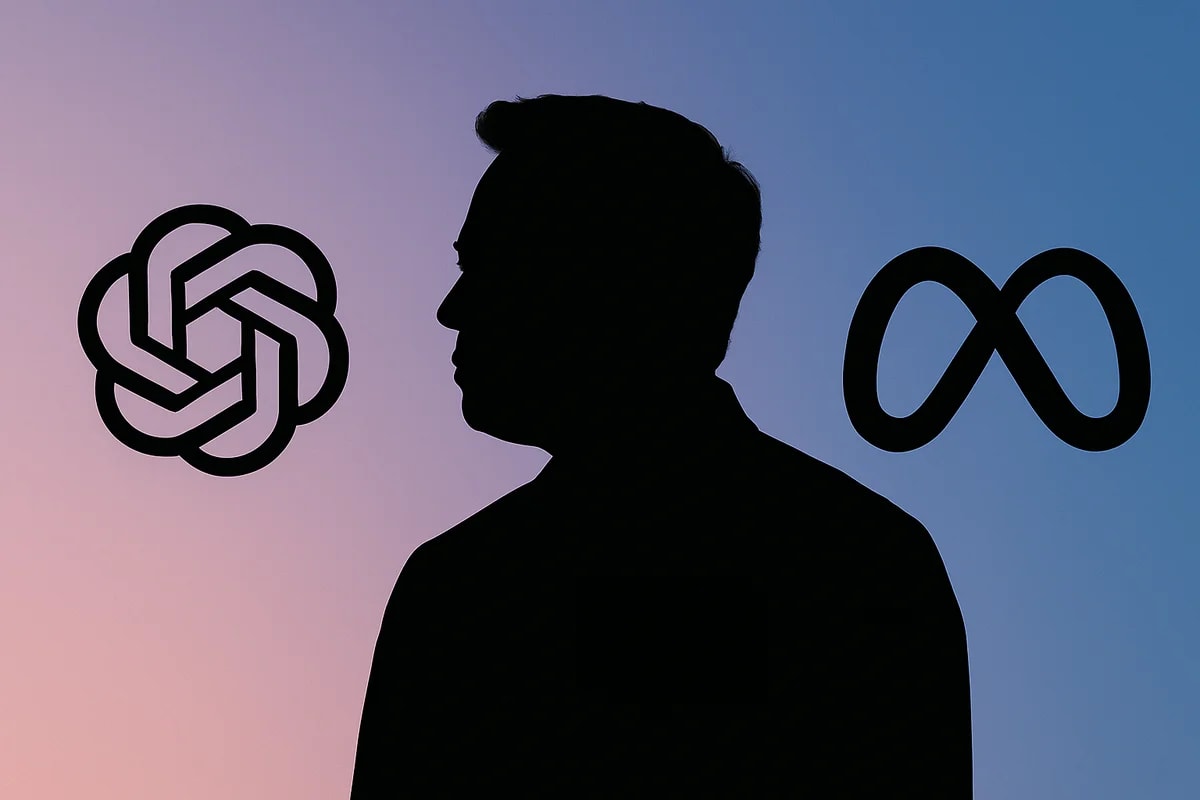 Logos de OpenAI y Meta en los extremos con la silueta negra de Elon Musk al centro sobre un fondo borroso