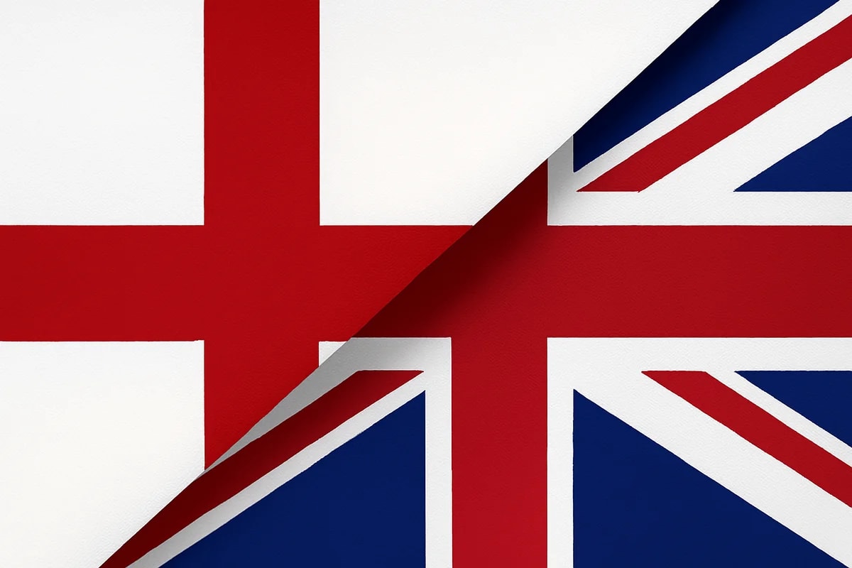 Banderas de Inglaterra y Reino Unido divididas en diagonal, representando unidad y tensiones sociales en medio de protestas en Inglaterra