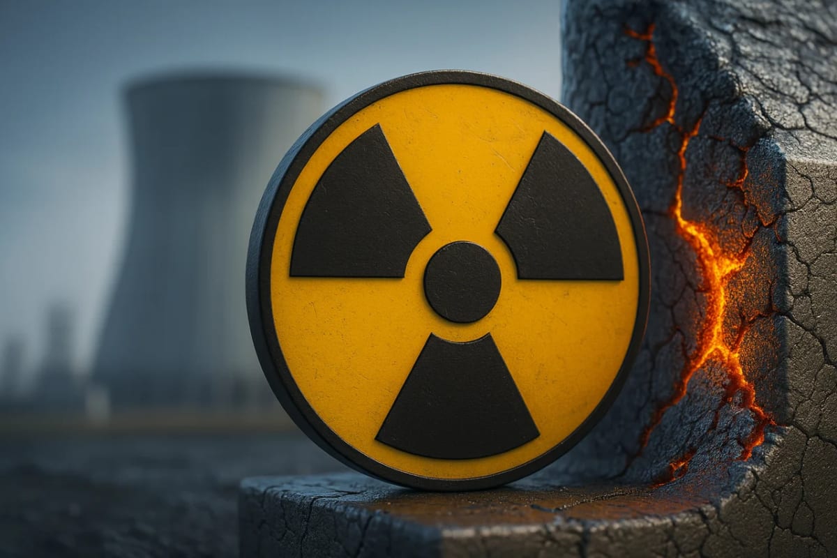 Símbolo de radiación en primer plano sobre un fondo borroso de un reactor nuclear