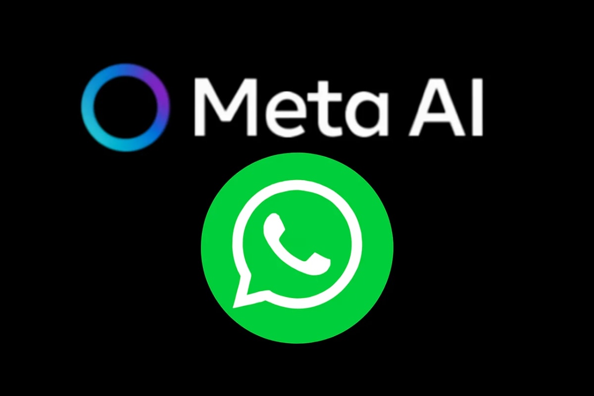 Imagen horizontal con el logo de WhatsApp en primer plano y, en segundo plano atenuado sobre fondo negro, el logo y texto de Meta AI