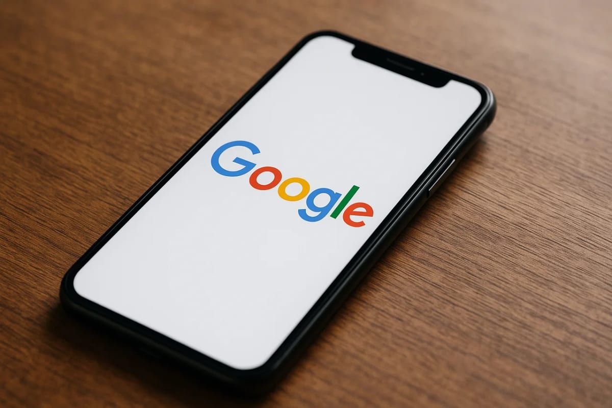 Teléfono inteligente negro inclinado sobre una mesa de madera con la pantalla blanca mostrando el logotipo multicolor de Google en el centro