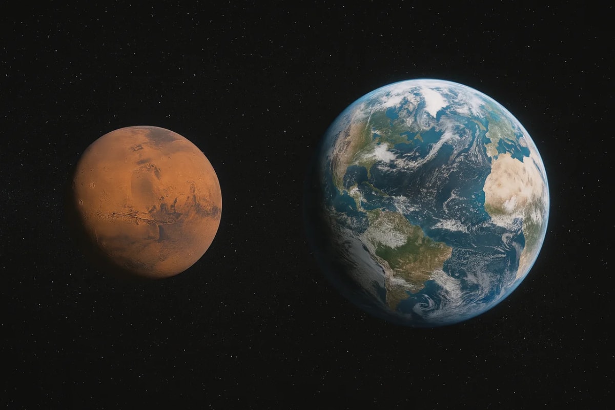 Vista de Marte y la Tierra en el espacio
