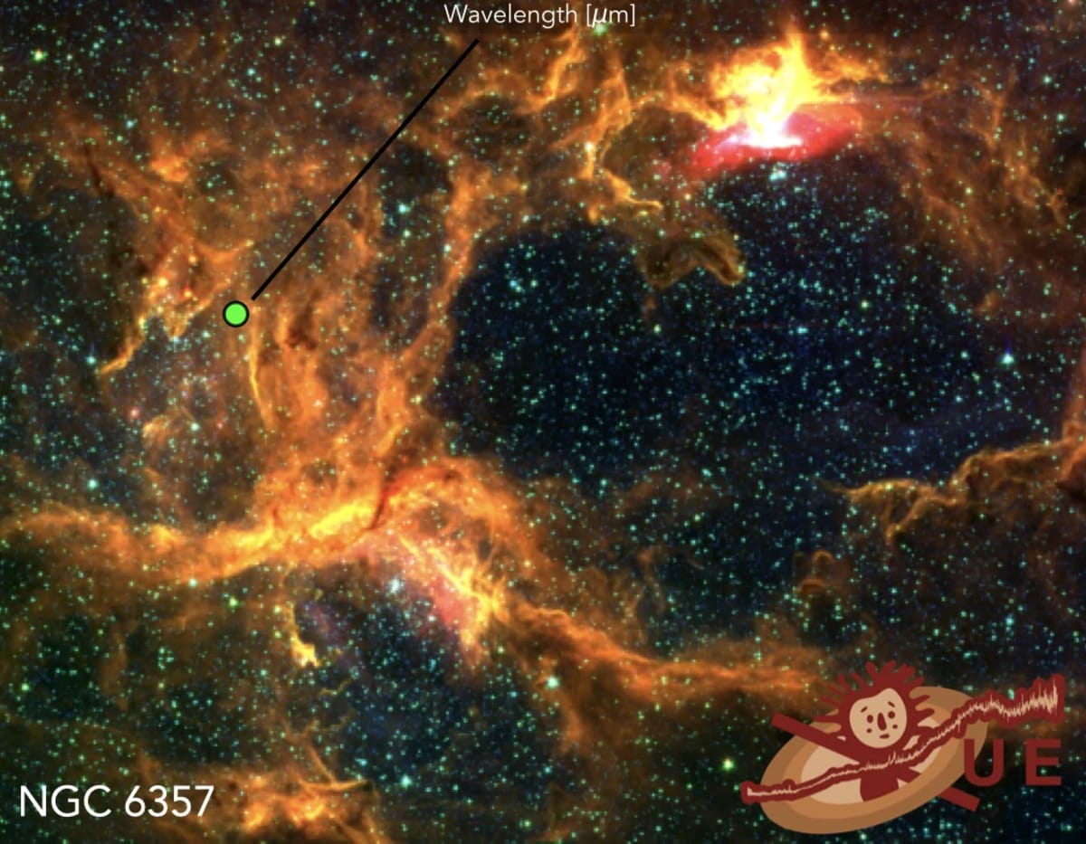 Región estelar NGC 6357 con la joven estrella XUE 10 y su disco de formación planetaria, observada por JWST/MIRI