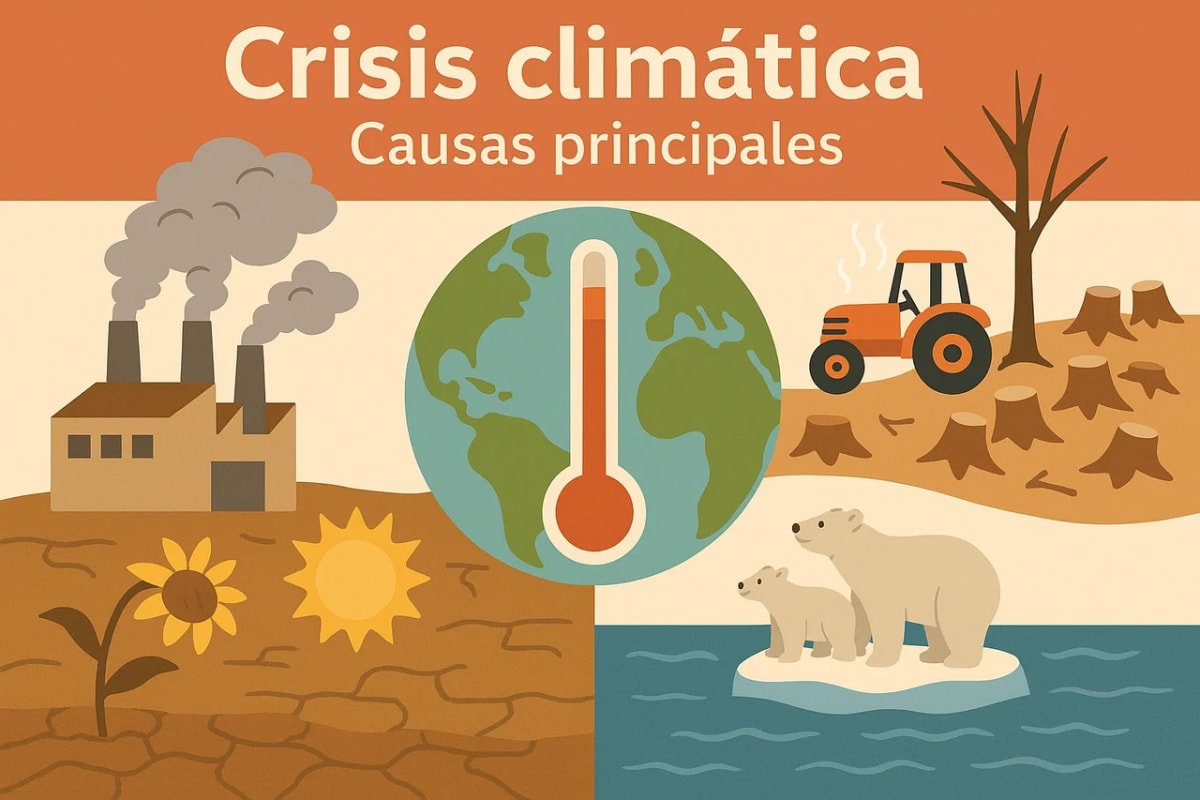 Ilustración digital sobre la crisis climática mostrando fábricas contaminantes, deforestación, derretimiento de glaciares y efectos en la biodiversidad