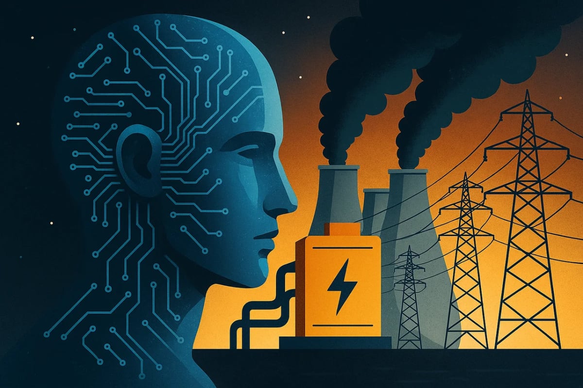 Ilustración digital que contrasta la inteligencia artificial con su alto consumo de energía y el impacto ambiental de las plantas eléctricas