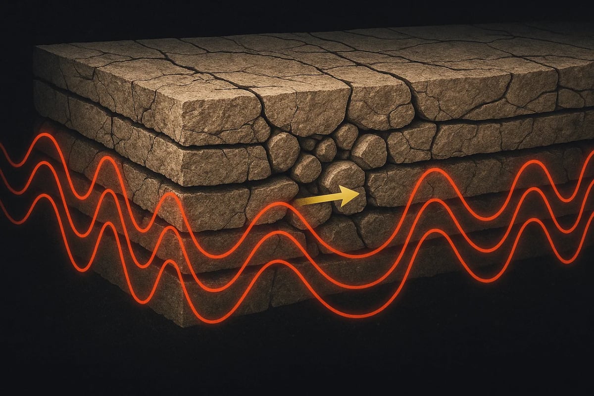 Ilustración científica de ondas sísmicas atravesando capas de roca, mostrando cómo la fricción entre granos ralentiza su propagación tras un terremoto